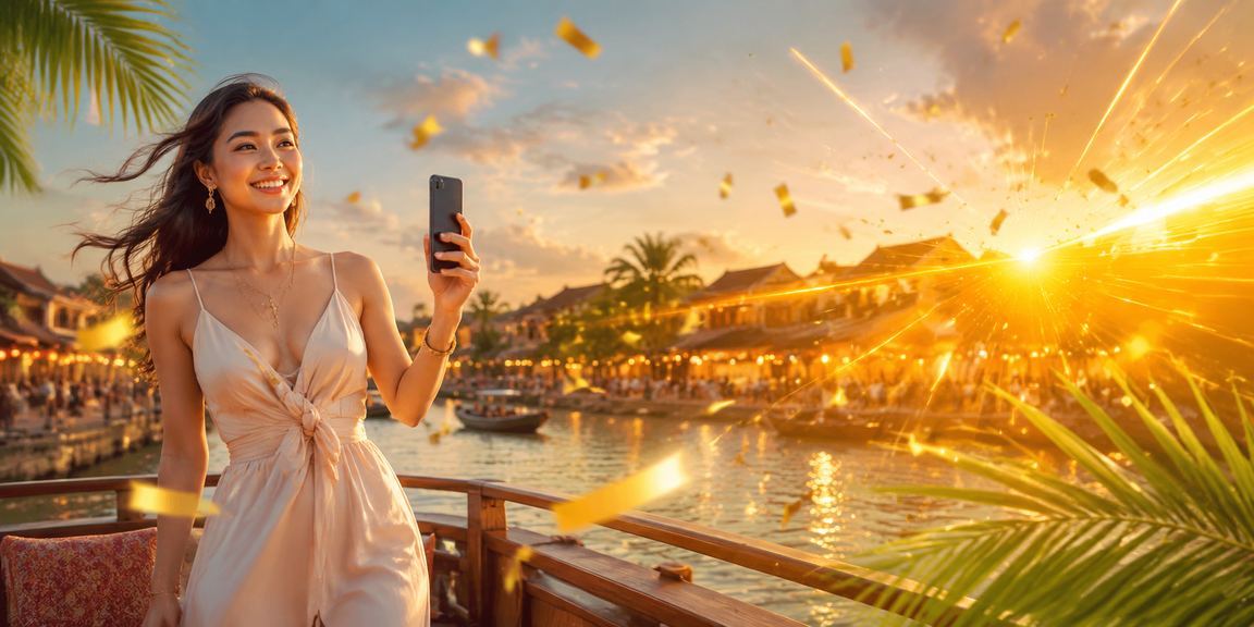 Người dùng thư giãn tại Hội An với điện thoại, thể hiện sự cân bằng trong giải trí di động